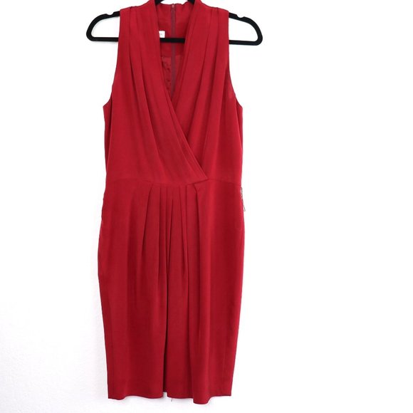 JONES NEW YORK Silk Dress Grecian V-Neck Wrap Bodice, Knee Length : Neon Red Sz - Picture 3 of 16